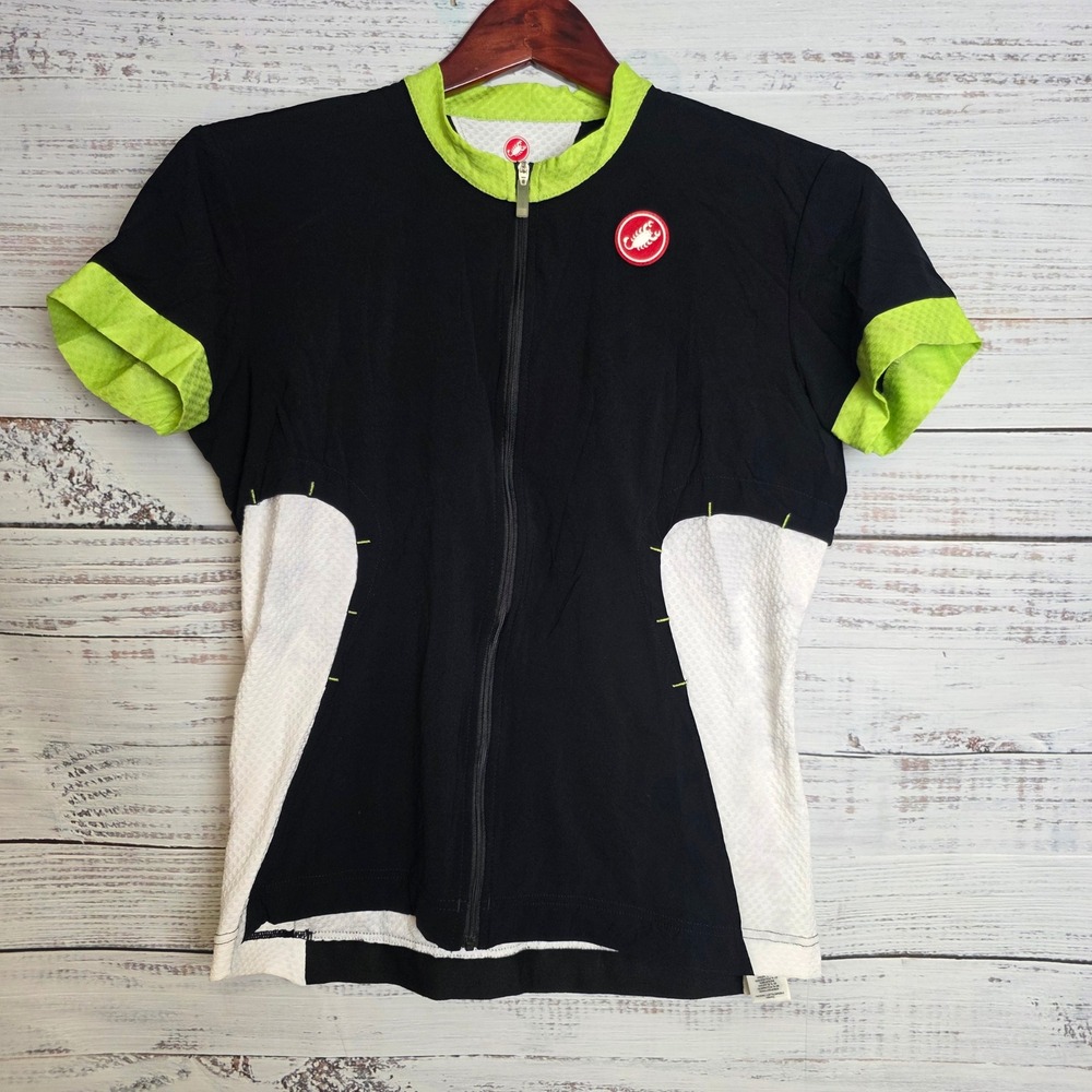Castelli Womens XL Cycling Jersey Black White Lime Green Full Zip S14-14909